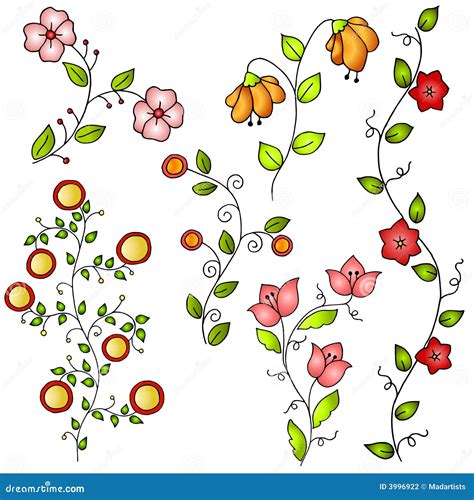 Tecknade Blommor Hand Fjädervektorn Vektor Illustrationer