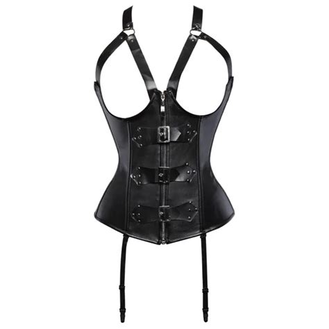 Faux Leather Open Bust Sexy Steampunk Straps Corset Zipper Waist