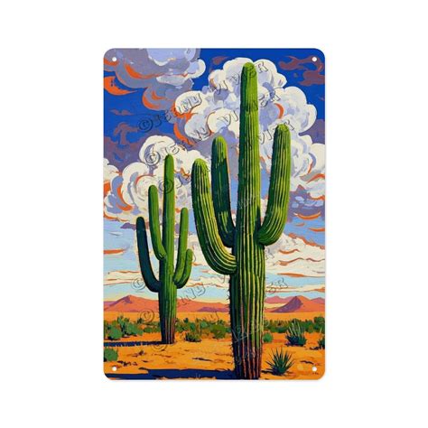 Rustic Farmhouse Cactus Blue Sky Tin Sign 8x12 Inches – Desert Plant