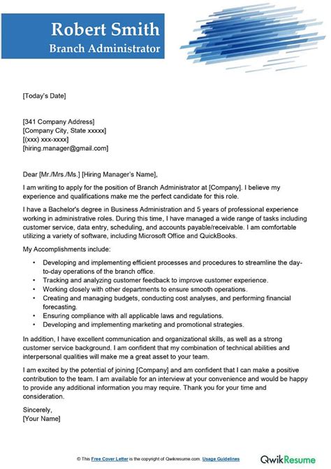 Branch Administrator Cover Letter Examples QwikResume