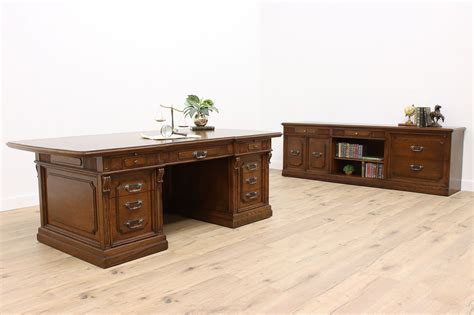 Oak Vintage Office Or Library Executive Desk Credenza Set Romweber