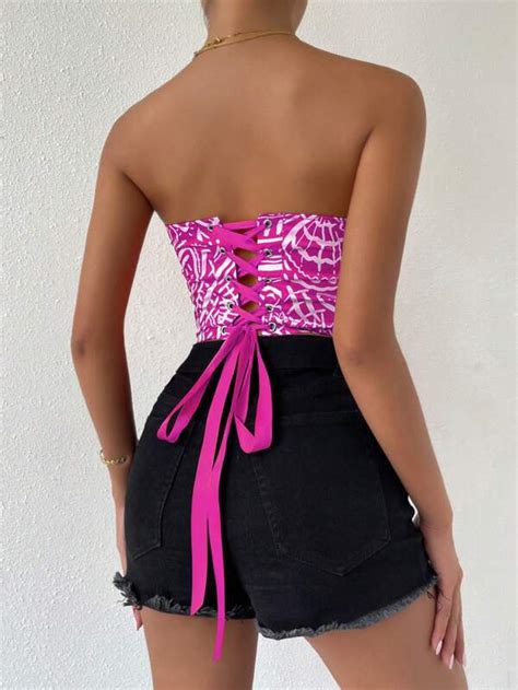 Shein Priv Allover Print Lace Up Backless Tube Top Shein Usa