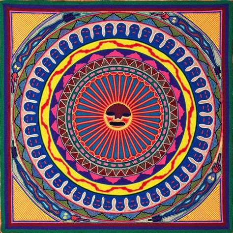 Huichol Yarn Painting 8 Sun Faces Shamanism