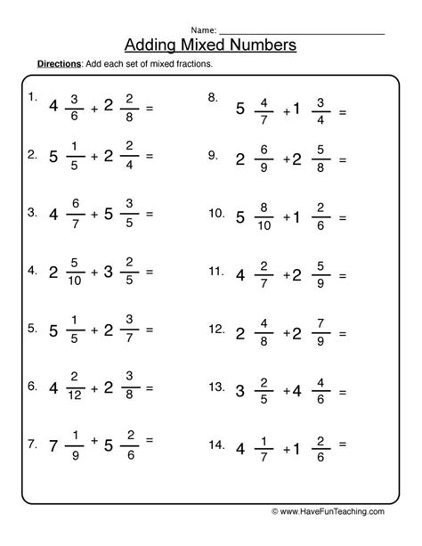 Mixed Numbers Adding And Subtracting Worksheet