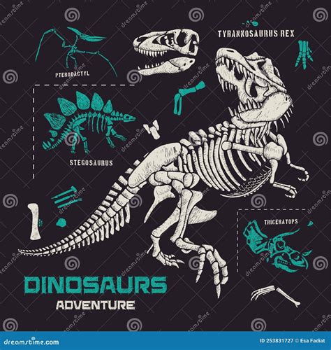 Dinosaurs Fossils And Bones Hand Drawn Vector Illustration Stock Vector