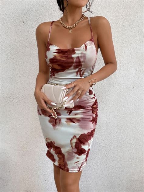 SHEIN SXY Robe à fines brides tie dye croisé dos nu drapé Mode en