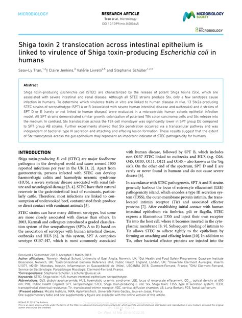 Pdf Shiga Toxin 2 Translocation Across Intestinal Epithelium Is Linked To Virulence Of Shiga