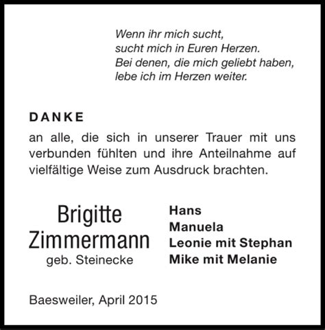 Traueranzeigen Von Brigitte Zimmermann Aachen Gedenkt