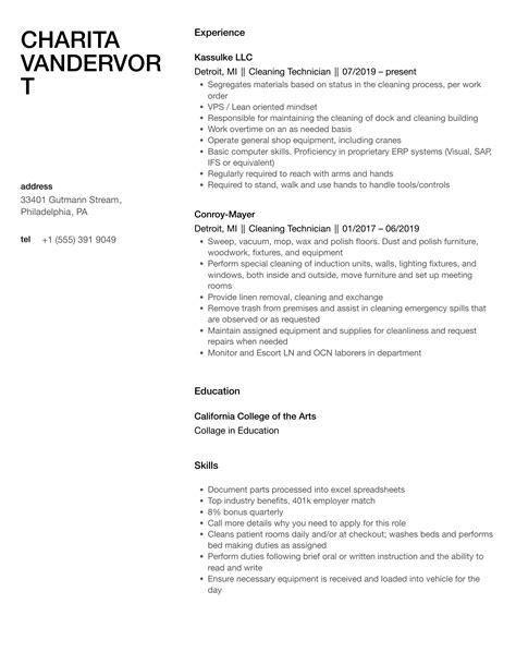 Cleaning Technician Resume Samples Velvet Jobs