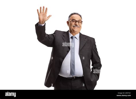 Portrait Of A Mature Businessman Waving Hello Isolated On White