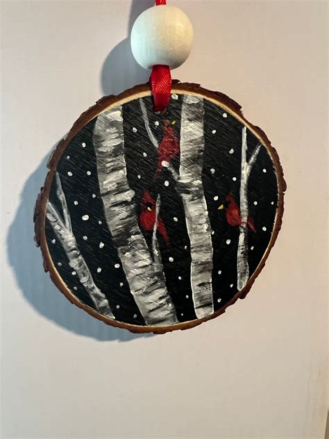 Hand Painted Cardinals In Birch Trees Wood Slice Ornament Etsy