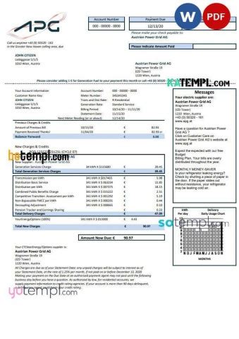 Austria Austrian Power Grid Ag Utility Bill Template In Word And Pdf Format