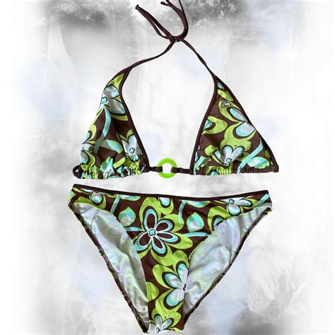The Sickest Y K Green And Brown Floral Retro Bikini Depop