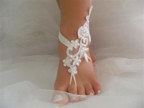 White Sequined Lace Barefoot Sandals Beach Wedding Sandals Etsy