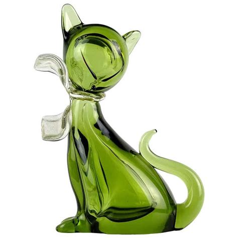 Barbini Murano Sommerso Green Gold Flecks Italian Art Glass Kitty Cat Figurine At 1stdibs