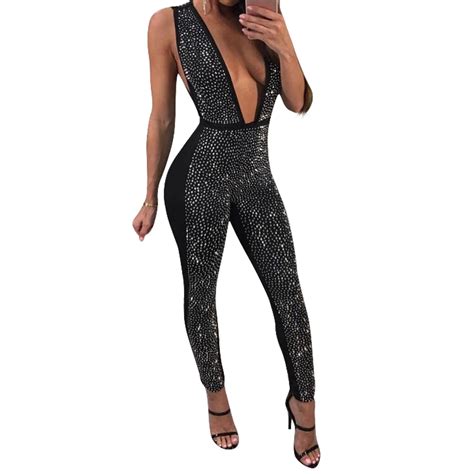 2017 Summer Women Jumpsuit Crystal Deep V Neck Sexy Jumpsuit Female Slim Hollow Jumpsuits Casual