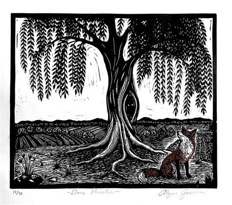 Fox And Willow Tree Linocut Print Etsy