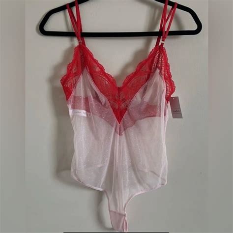 Auden Intimates Sleepwear Auden Bodysuit Lingerie Pink Red Sheer