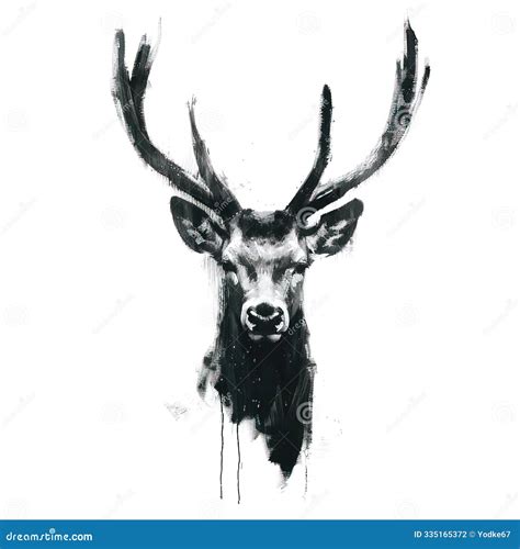 Minimalist Black And White Ink Painting Of A Majestic Stag Head With