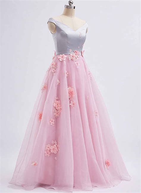 Pink Tulle V Neck Long 3d Lace Appliqué Spring Prom Dress Long