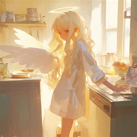Premium Photo Anime Girl With Long Blonde Hair In Kitchen With Angel Wings Generative Ai