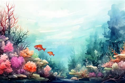 Watercolor Sketch Of Coral Reef Seabed And Fish Pastel Colors