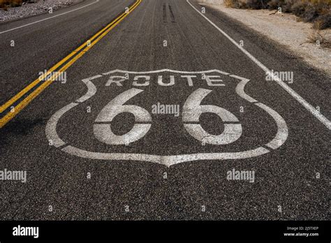 Route 66 Sign Painted On The Right Lane in California desert Stock ...