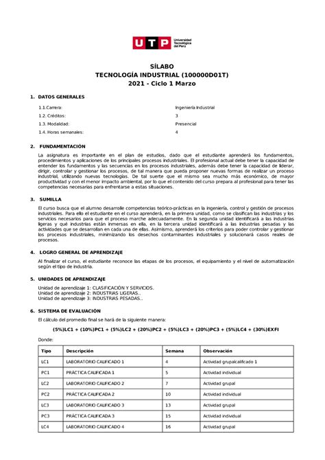 Silabust Tecnologia Industrial SÍLABO TECNOLOGÍA INDUSTRIAL