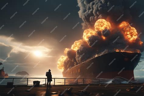 Premium Ai Image Man Watching The Exploding Ship