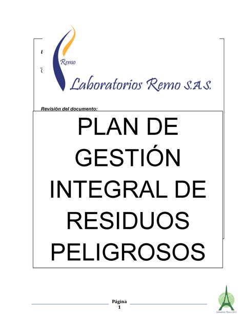 Plan De Gestión Integral De Residuos Peligrosos Elaborado Por Cargo