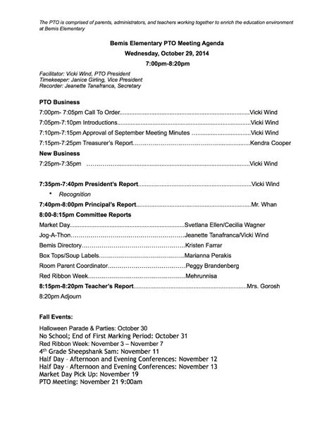 Bemis Pto Parent Teacher Organization October 2014