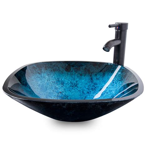 Elecwish Ocean Blue Bathroom Vessel Sink With Oil Rubbed Bronze Faucet