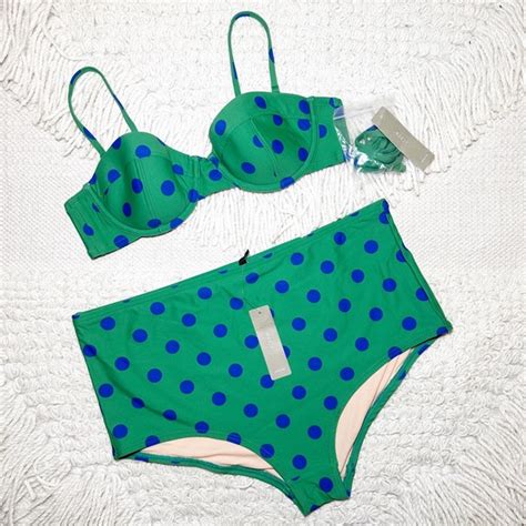 J Crew Swim J Crew Green And Blue Polka Dot High Rise Twopiece Bikini Swimsuit Nwt A L