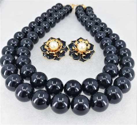 Monet Large Black Bead Double Strand Necklace With Large Gold Etsy