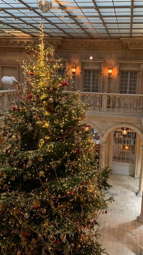 A Large Christmas Tree In The Middle Of A Building With Lights On It S