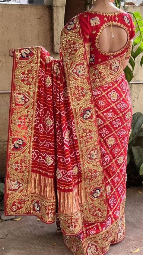 Zardozi Work Red Pure Gaji Silk Bandhani Gharchola Saree Handwash