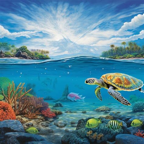 Pintura de una tortuga nadando en el océano con corales y peces