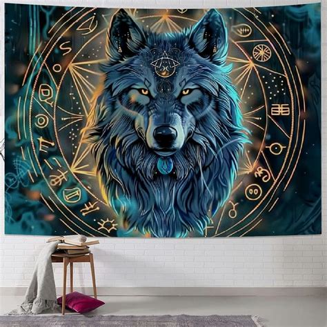 Bciig Viking Wolf Tapestry Norse Mythology Runes Ancient Blue