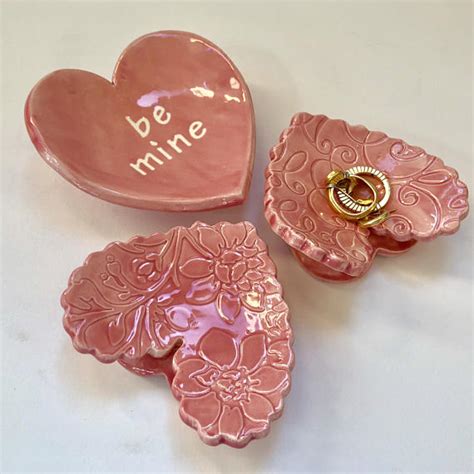 Pretty Pink Pottery Heart Dishes 3 Piece Set Polka Dots Etsy Uk Ceramic Ring Dish Heart