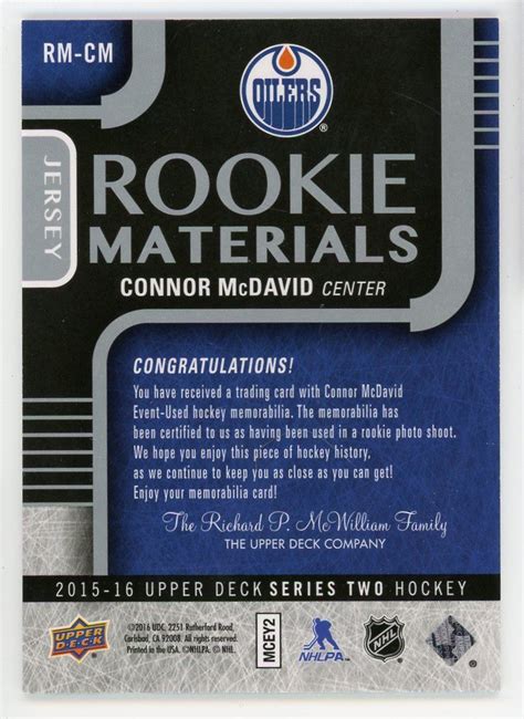 Connor Mcdavid 2015-16 UD Series 2 Rookie Materials RM-CM | Froggers ...