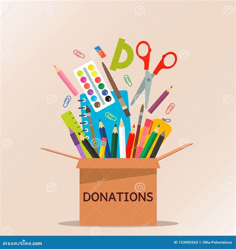 Brown Cardboard Box For Donations Full Of Stationery To A School For