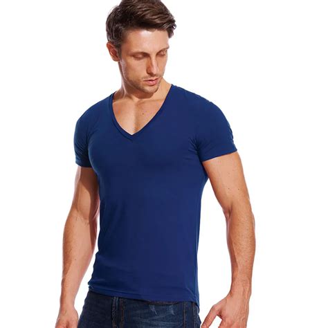 Solid V Neck T Shirt For Men Low Cut Stretch Vee Top Tees Slim Fit