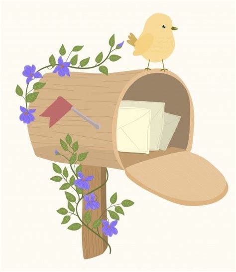 A Yellow Bird Sitting On Top Of A Mailbox Next To Purple And Blue Flowers