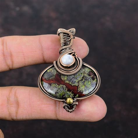 Dragon Bloodstone Pendant Copper Wire Wrapped Rainbow Moonstone Pendant