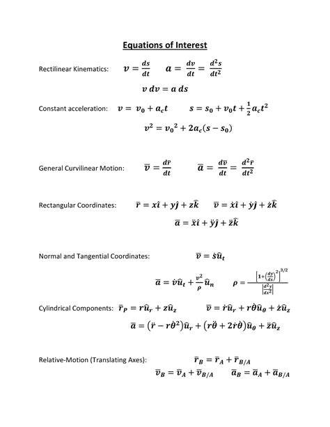 Exam Equations Equation Sheet Equations Of Interest Rectilinear