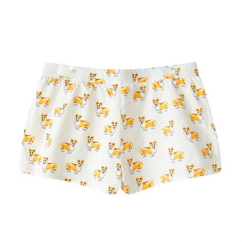 Womens Cute Corgi Cartoon Print Casual Shorts Loose Lounge White