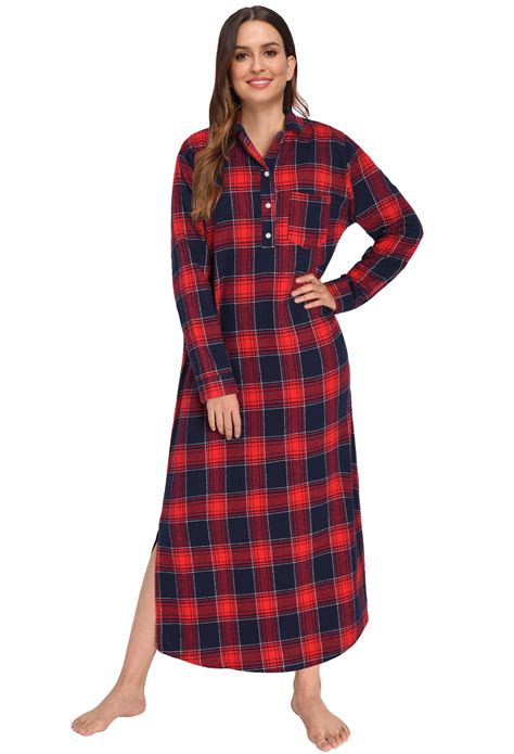 Womens Plaid Flannel Nightgowns Full Length Sleep Shirts Latuza