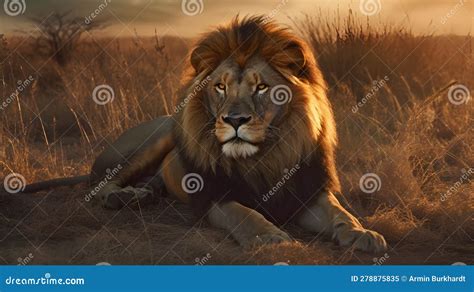 Wonderful Full Body Picture Of A Male Lion Laying In The Steppes Of