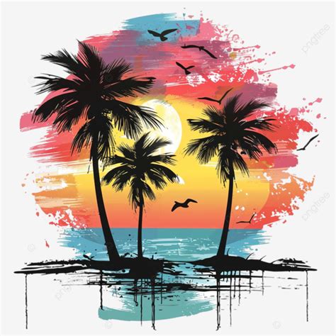 Praia Ensolarada Com Palmeiras E Céu Colorido Png De Praia Palmeira