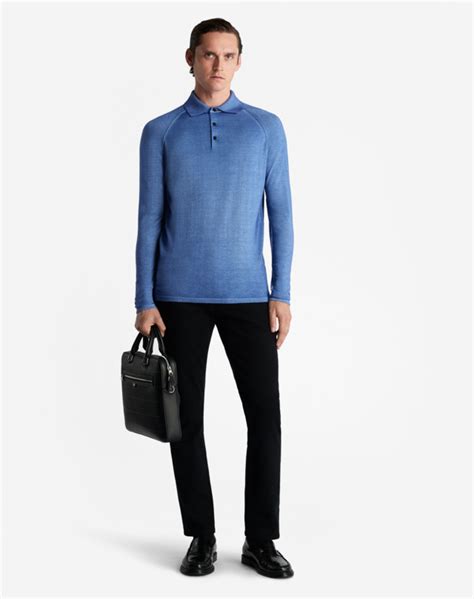 Men S Blue Garment Dye Long Sleeve Polo Dunhill Mx Online Store